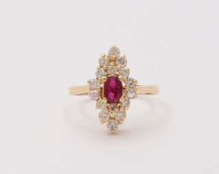 Vintage Diamond and Ruby Navette Ring, Statement Ring
