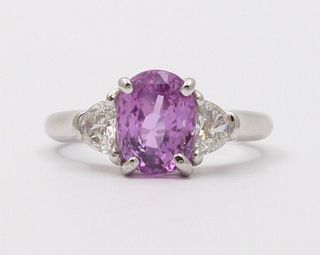 Classic Pink Sapphire and Half Moon Diamond White Gold Ring, Engagement Ring