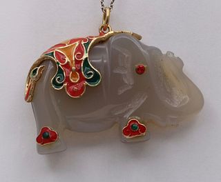 Vintage Silver Carved Nephrite Elephant Charm Pendant , Necklace