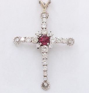 Vintage White Gold Diamond & Rhodolite Garnet Cross Pendant Necklace