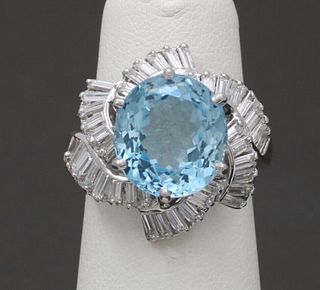 Vintage Platinum Aquamarine and Twirling Diamond Halo Ring, Statement Ring.