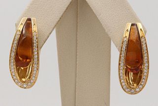 Vintage Yellow Gold Citrine & Diamond Clip Huggie Earrings