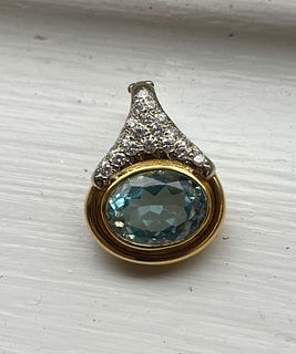 Vintage Yellow Gold Blue Topaz and Diamond Pendant Necklace