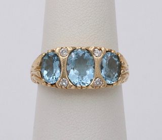Vintage Victorian Style Blue Topaz Yellow Gold Ring Band