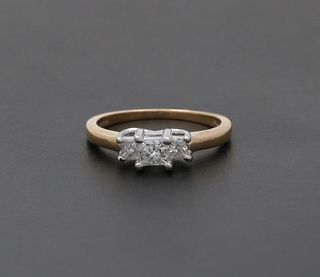Vintage Gold & Platinum Princess Cut Three Stone Diamonds Engagement Ring, R