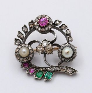 Edwardian Sterling Silver Over Gold Diamond & Pearl Brooch, Antique Pin