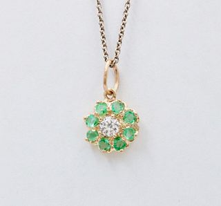 Vintage Flower Diamond Emerald Yellow Gold Pendant