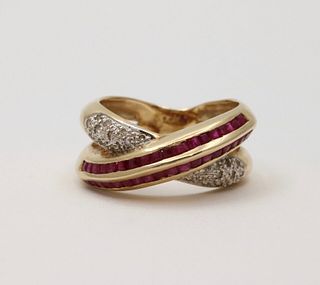 Vintage Gold Ruby and Diamond Bypass Ring Band