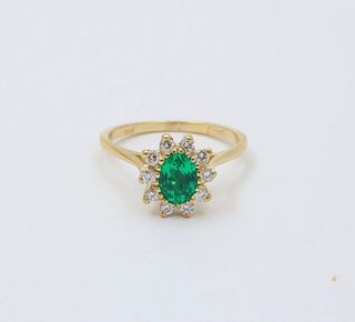 Vintage Gold Emerald Diamond Halo Ring, Engagement Band
