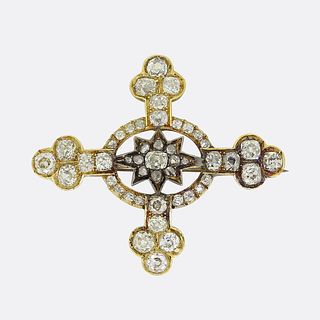 18k Antique French 5.00 Carat Diamond Star Cross Brooch