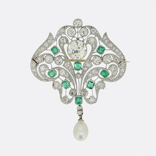 Platinum Gold Belle Ã‰poque 1.60ct Diamond Pearl and Emerald Brooch