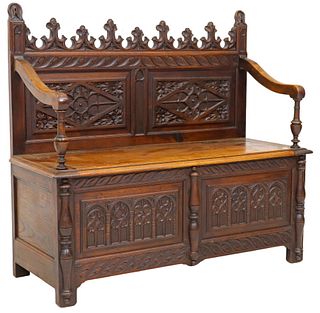 DIMINUTIVE FRENCH GOTHIC REVIVAL CARVED OAK BLIND TRACERY HALL BENCH
