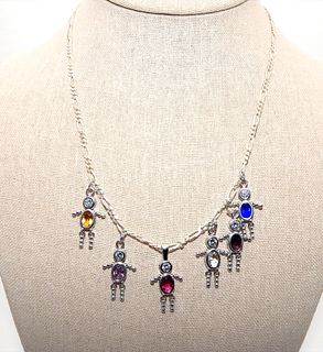 .925 Sterling Silver figaro chain necklace w/6 Birthstone Children Charms