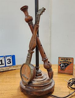 Italian Lamp W/ Wooden Lute and Recorder 31"