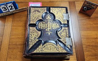 1892 Bible W/ Elaborate Leather Binding 5 1/4"H X 11"W X 12 1/2"D