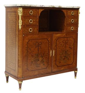FRENCH LOUIS XVI STYLE MARBLE-TOP MARQUETRY CABINET