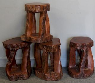 Set of 4 Carved Tree Trunk Stools.