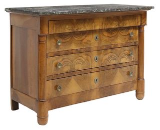 FRENCH EMPIRE STYLE MARBLE-TOP FIGURED WALNUT COMMODE