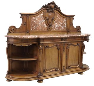 FRENCH CARVED WALNUT SIDEBOARD WITH MARBLE TOP & BACKSPLASH