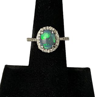 14 kt White Gold, Black Opal and Diamond Ring
