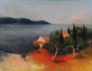 BISIAUX, Pierre. Oil on Canvas. Houses on a Lake.