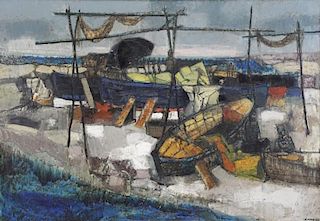ISOLA, Giancarlo. Oil on Canvas. Harbor Scene,