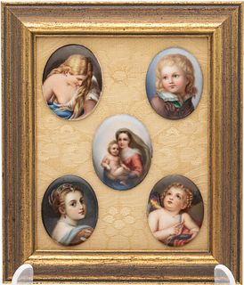 5 European Painted Porcelain Plaques Mounted Together