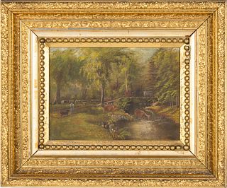 British School, Landscape with River and Cows, O/C