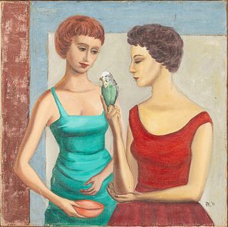 Jane Downes Carter, Women with Parakeet, 1951, O/C