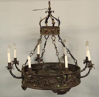 Large Patinated Metal Chandelier with Decorative