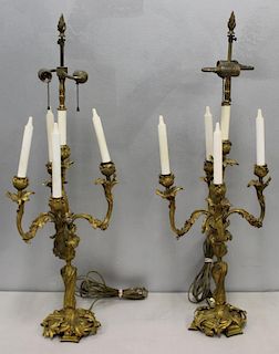 Pair of Bronze Candelabra as Lamps.