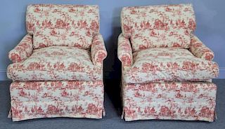 Pair of Upholstered Down Filled Club Chairs.