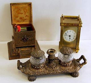 Carriage Clock together with a Repousse Bronze