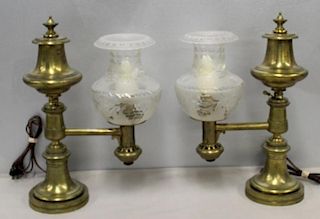Pair of Gilt Metal Piano Lamps with Etched Shades.
