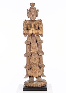 Burmese Carved Wood Standing Attendant, 19th Century