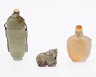 Agate Snuff Bottle, Jade Bottle, and Stone Lion