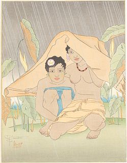 Paul Jacoulet, Sheltering from Rain, Woodblock