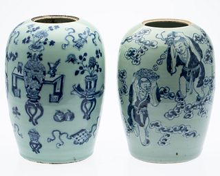 2 Chinese Celadon Jars with Blue & White Decoration