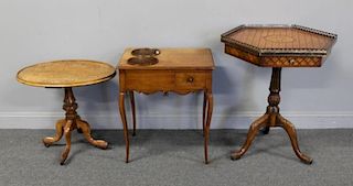 Walnut End Table, Inlaid Pedestal Table, and