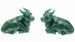 Two Chinese Carved Jade Oxen