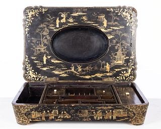 Large Chinese Black Lacquer Sewing Box, 19th Century