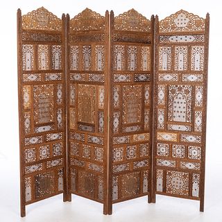 Indian Carved Hardwood 4-Panel Screen 