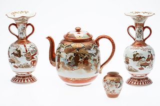 Pair of Satsuma Vases, Tea Pot and Small Vase