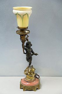 Signed Bronze Figural Lamp with Art Glass Shade.