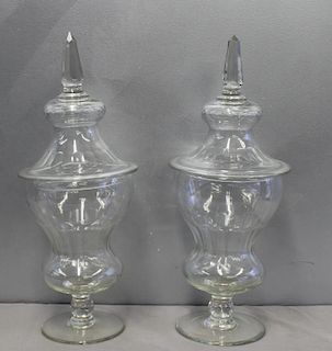 Pair Of Antique Venetian Etched Glass Lidded