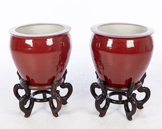 2 Chinese Red Glazed Planters