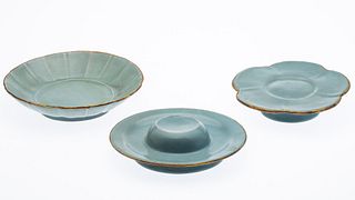 Three Chinese Celadon Dishes with Gilt Rims