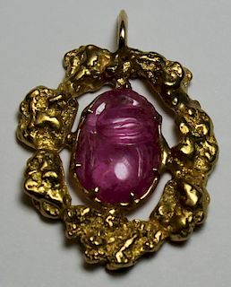 JEWELRY. 14kt Gold and Carved Scarab Pendant.