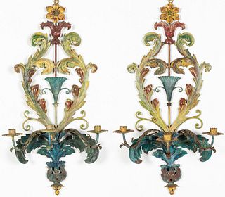 Pair of Painted Tole and Wrought Iron Wall Sconces