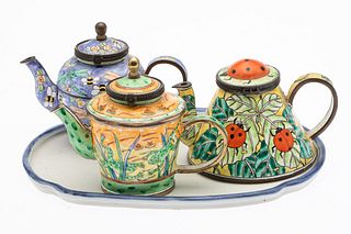 3 Kelvin Chen Miniature Enamel Teapots on a Tray